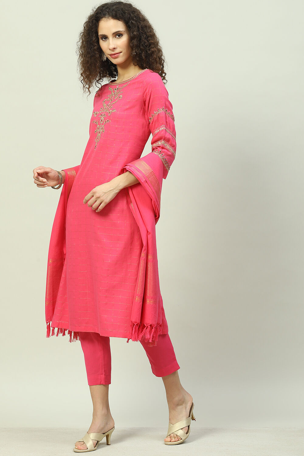 Turquoise Cotton Straight Kurta Slim Pants Suit Set image number 5