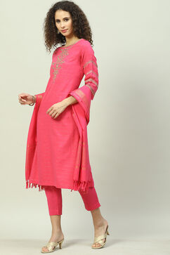 Fuschia Cotton Straight Kurta Slim Pant Suit Set image number 5