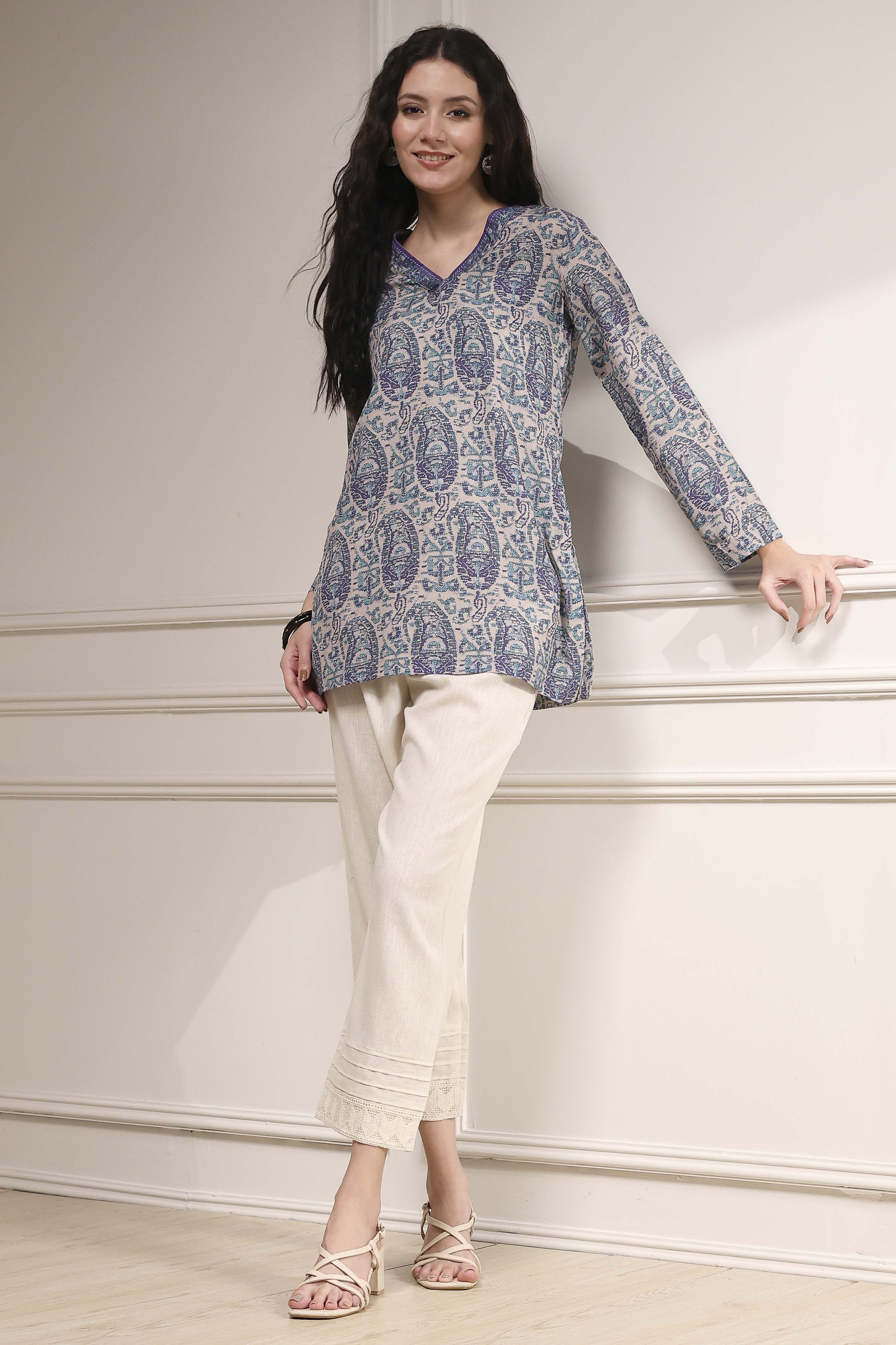 Off-White and Blue Printed Straight Short Kurta image number 0