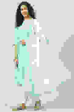 Aqua Blue and White Cotton Straight Suit Set image number 5