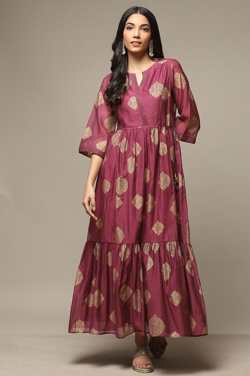 Golden Yellow Cotton Blend Tiered Printed Dress image number 0