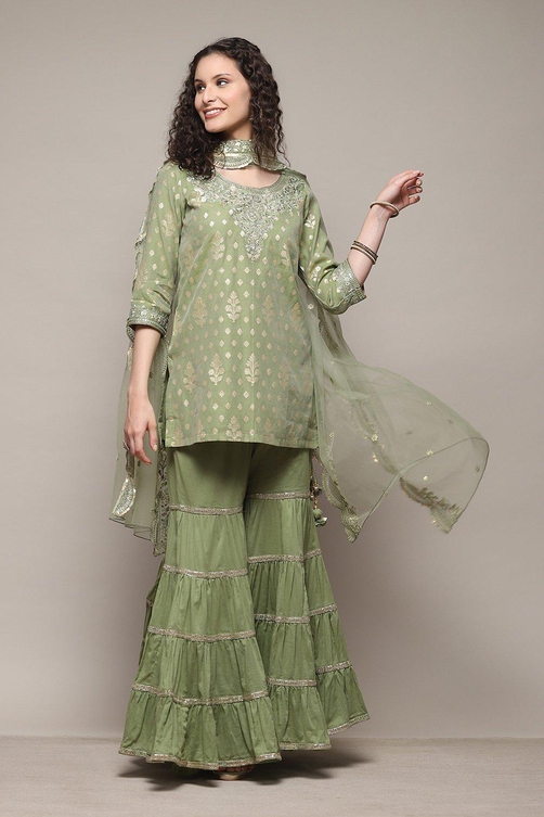 Sap Green Cotton Blend Straight YARNDYED Suit Set image number 0