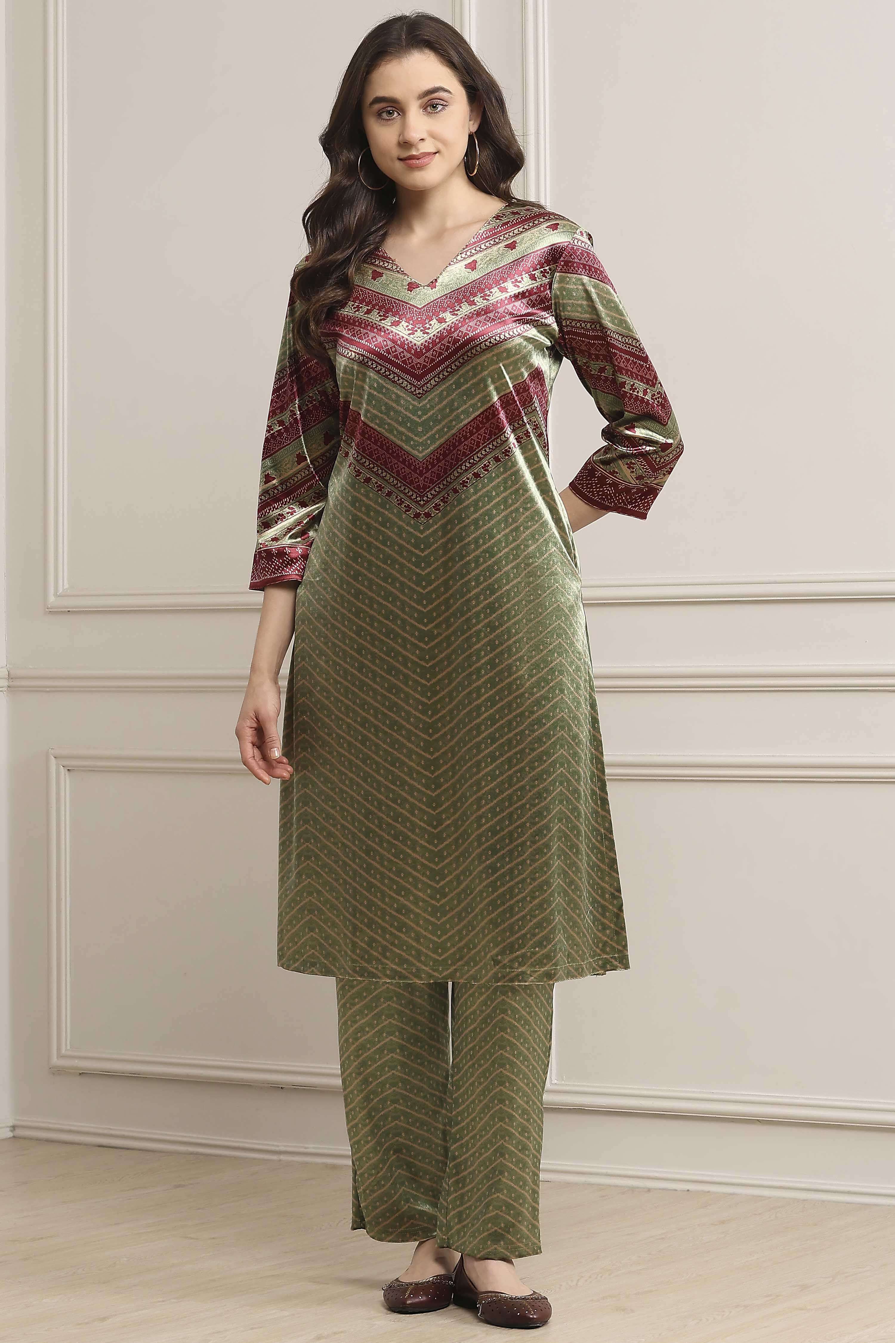 Mint Green Blended Straight Printed Kurta Pants Set image number 6