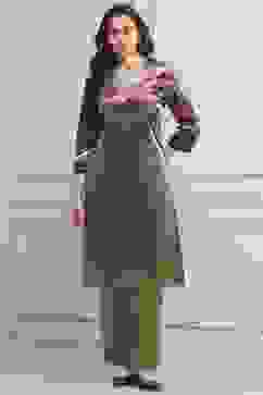 Mint Green Blended Straight Printed Kurta Pants Set image number 6