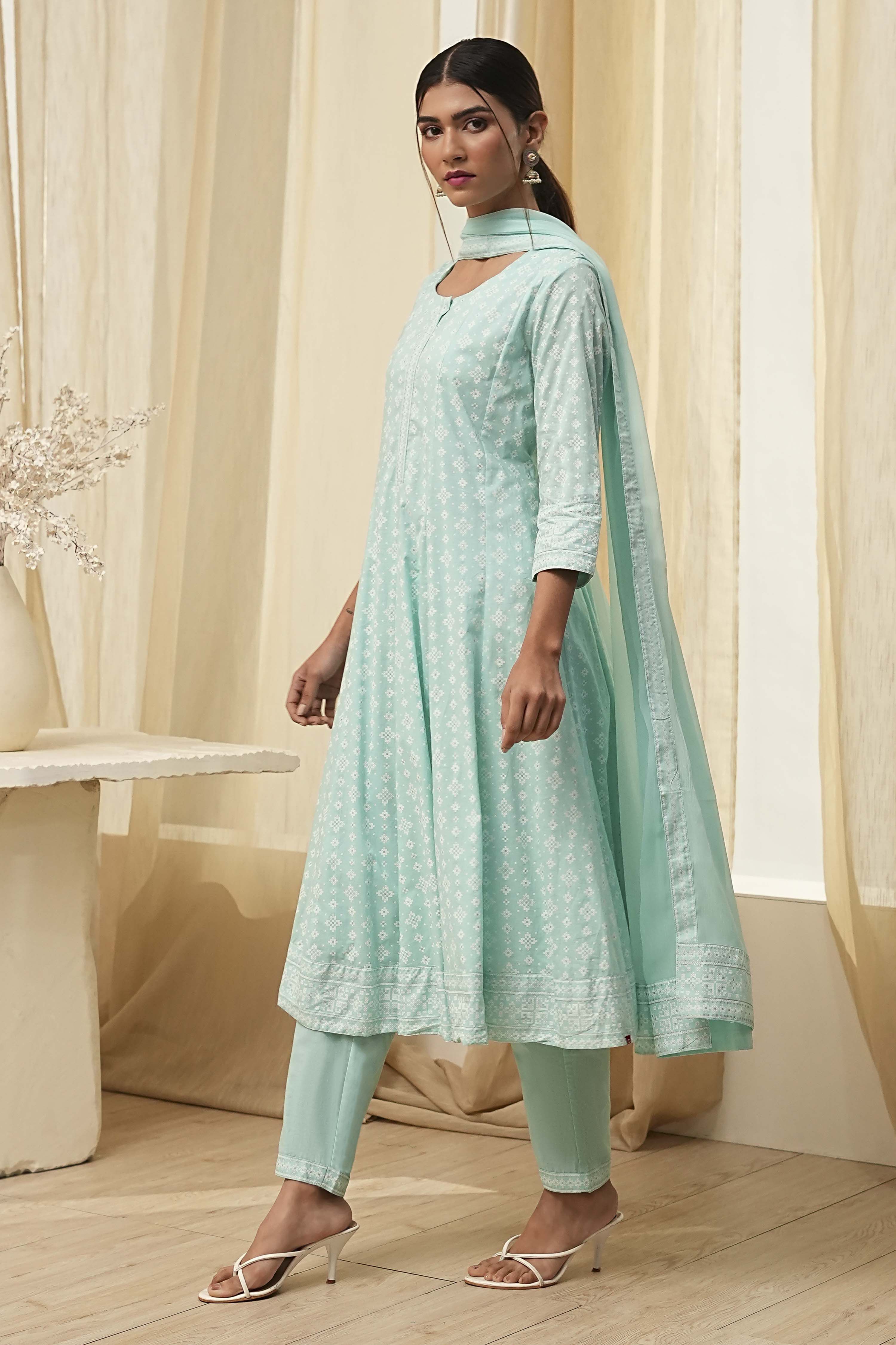 Aqua Pure Cotton Printed Kalidar Suit Set image number 3