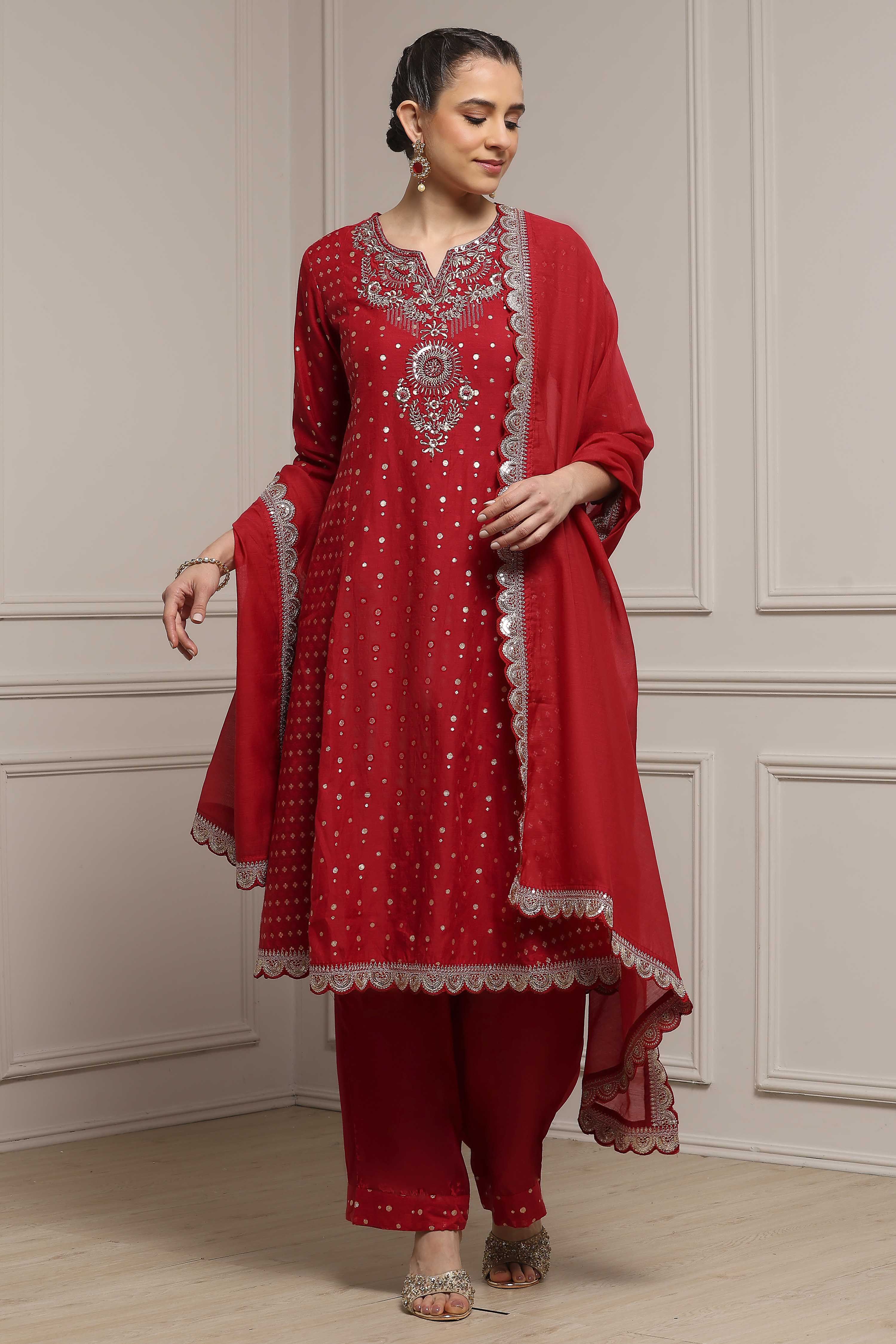 Red Cotton A-Line Yarndyed Suit Set image number 0