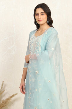 Teal Chanderi Unstitched Suit Set image number 8