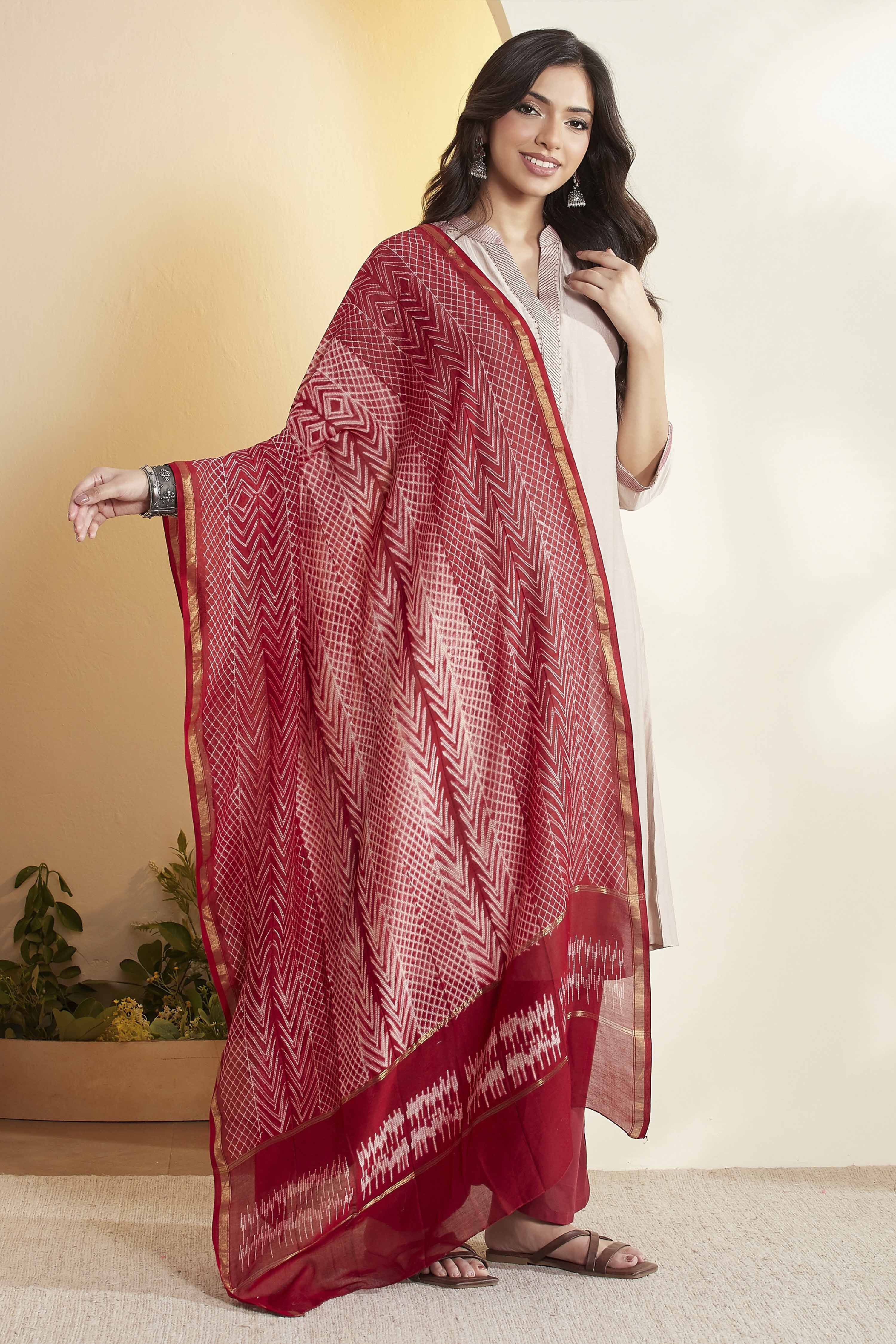 Red Chanderi Chevron Printed Dupatta image number 4