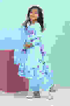 Blue Cotton Printed Tiered Suit Set image number 3