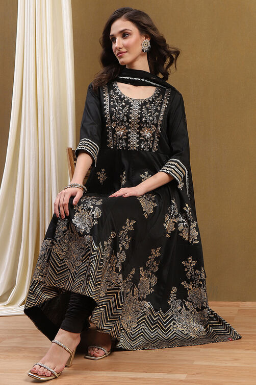 Black Floral Printed Festive Anarkali Suit Set image number 0