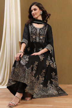 Black Floral Printed Festive Anarkali Suit Set image number 0