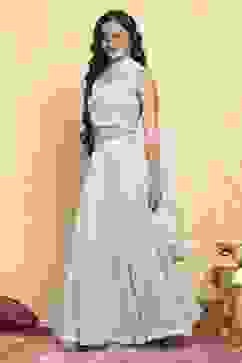 Blue Polyester Embroidered Kalidar Lehenga Set image number 3