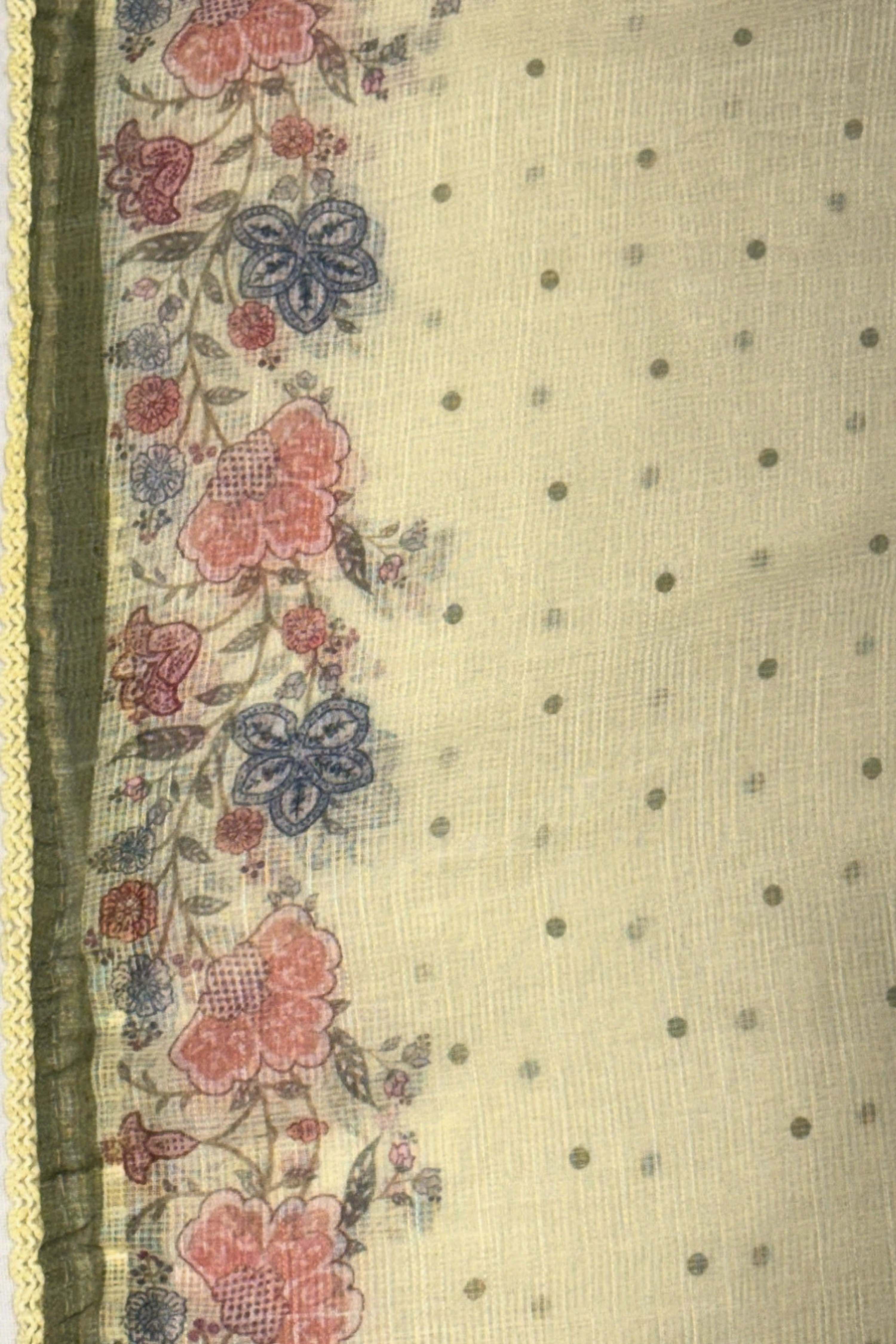 Yellow Kota Cotton Neck Embroidered Unstitched Suit Set image number 3