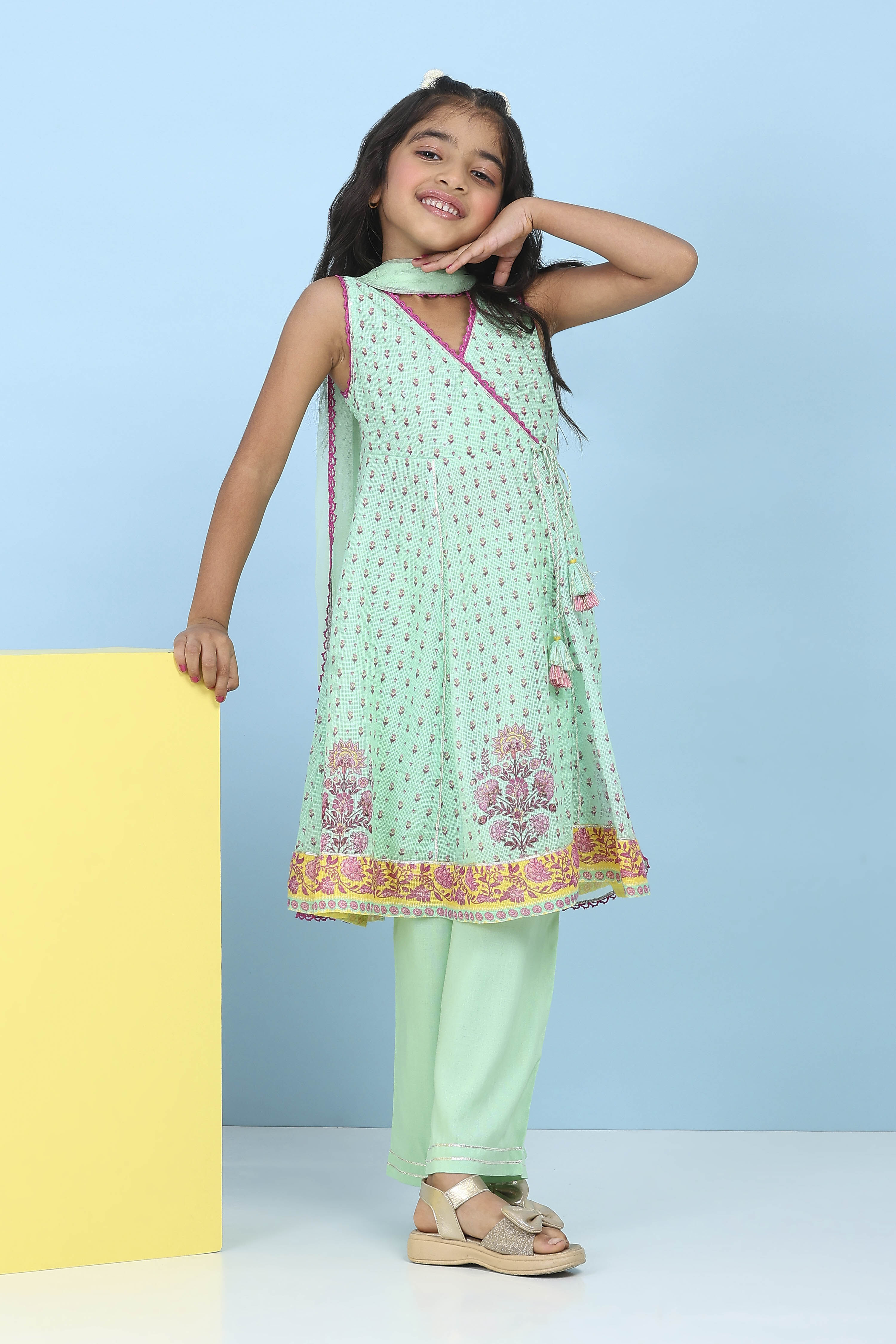 Green Cotton Floral Printed Anarkali Suit Set image number 5