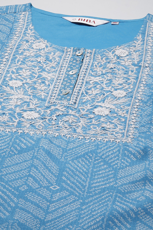 Blue Cotton Blend Straight Printed Kurta image number 5