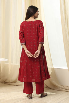 Red Cotton Foil Printed Kalidar Suit Set image number 4