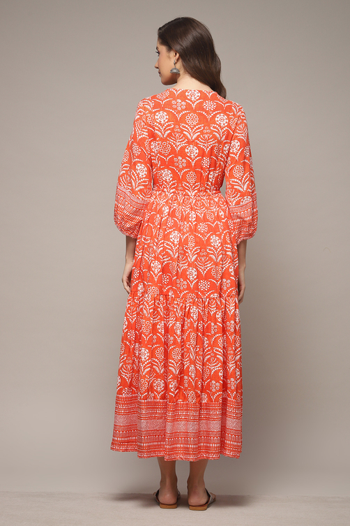 Orange Printed Tiered Dress image number 2