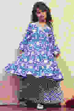 Navy Blue Cotton Angrakha Tiered Kurta Set image number 0