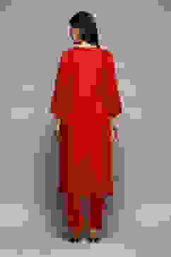 Coral Red LIVA Gathered Kurta Parallel Pants Suit Set image number 4