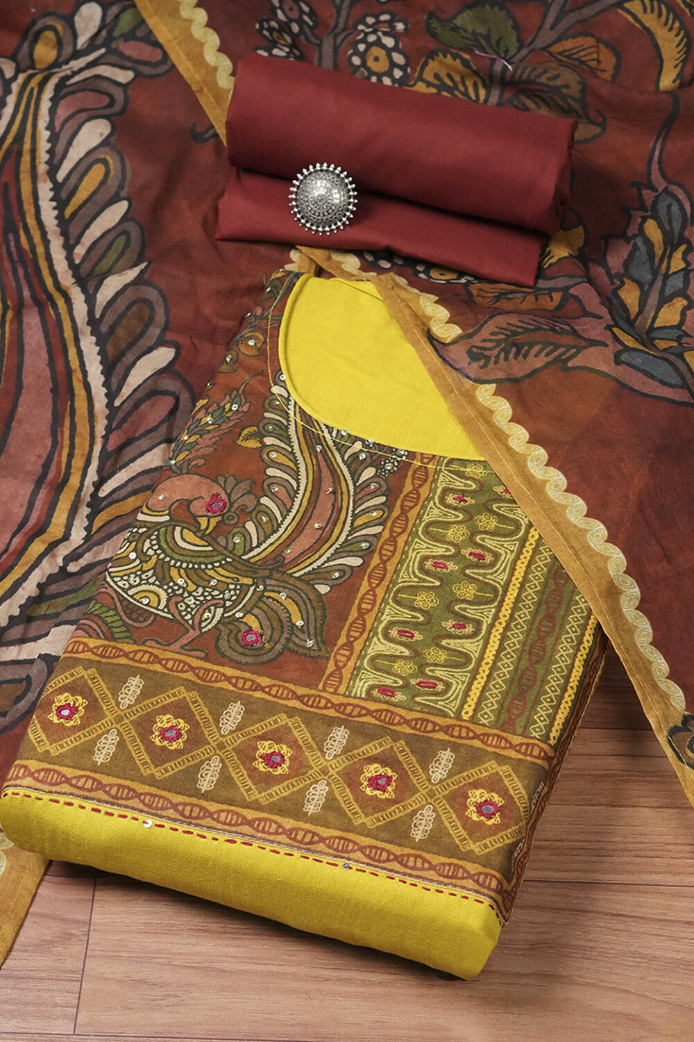 Yellow Cotton Hand Block Print Unstitched Suit Set image number 0