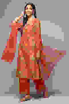 Coral Pink Cotton Blend Straight Kurta Pants Suit Set image number 5