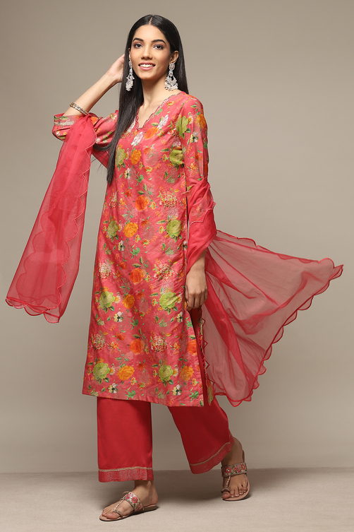 Coral Pink Cotton Blend Straight Kurta Pants Suit Set image number 5