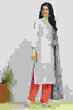 Grey Cotton Printed Embroidered Unstitched Suit Set image number 6