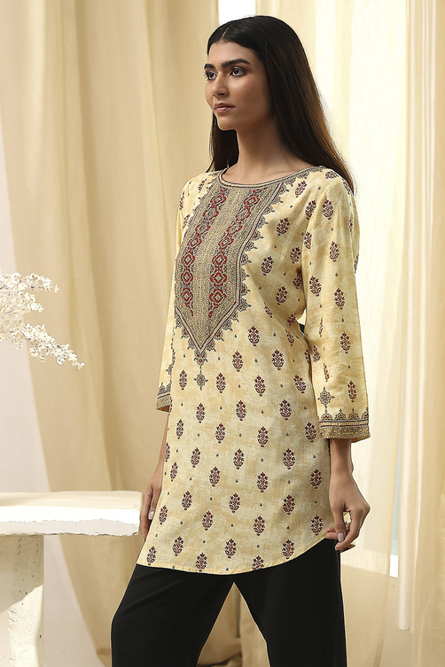 Beige Printed Straight Short Kurta image number 2
