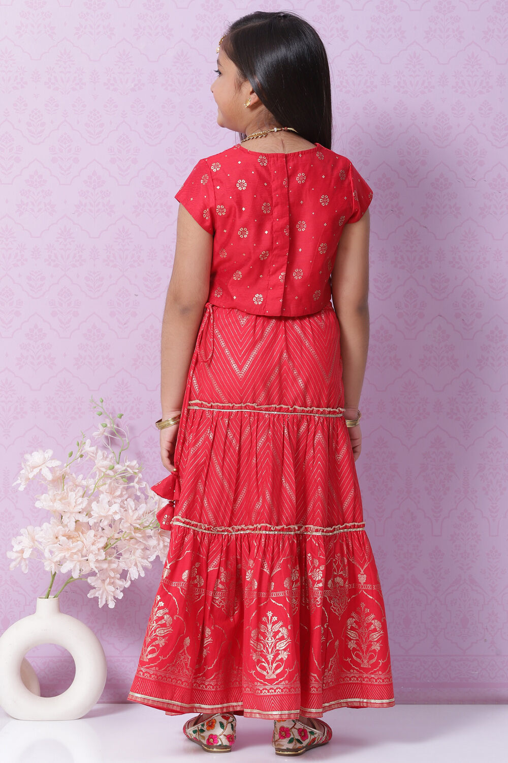 Red Art Silk Printed Short Top Lehenga Set image number 4