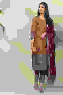 Choco Brown Cotton Straight Kurta Slim Pant Suit Set image number 7