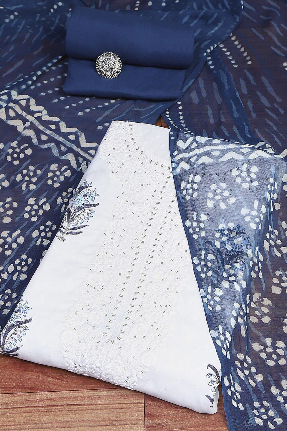 Indigo Cotton Hand Block Print Unstitched Suit Set image number 0