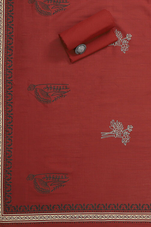Red Cotton Hand Block Print Unstitched Suit Set image number 3