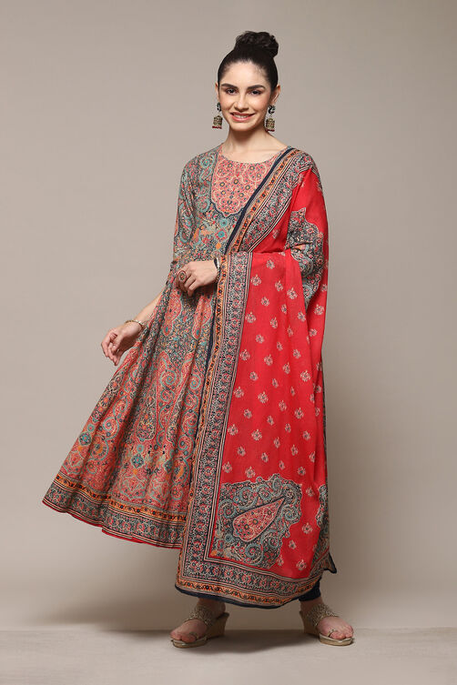 Red Cotton Anarkali Kurta Churidar Suit Set image number 7