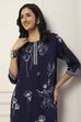 Navy Blue Viscose Rayon Floral Printed Straight Suit Set image number 7