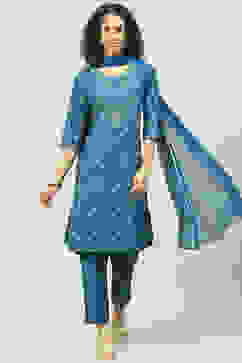 Teal Art Silk Straight Kurta Slim Pant Suit Set image number 0