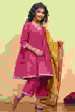 Pink Polyester Yarndyed Gathered Suit Set image number 5