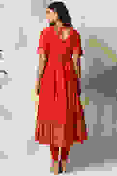 Red Cotton Anarkali Kurta Churidar Suit Set image number 5