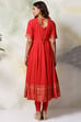 Red Cotton Anarkali Kurta Churidar Suit Set image number 5