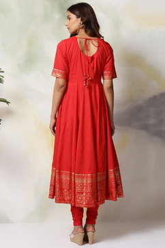 Red Cotton Anarkali Kurta Churidar Suit Set image number 5