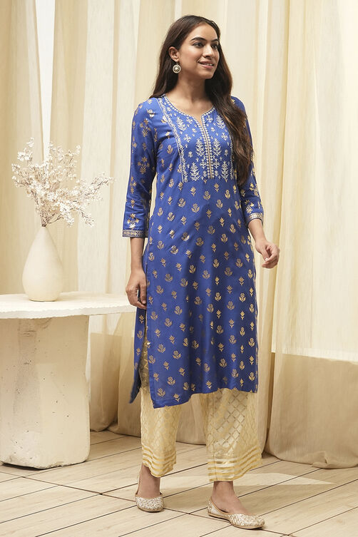 Navy Blue Rayon Straight Kurta Pants Set image number 5