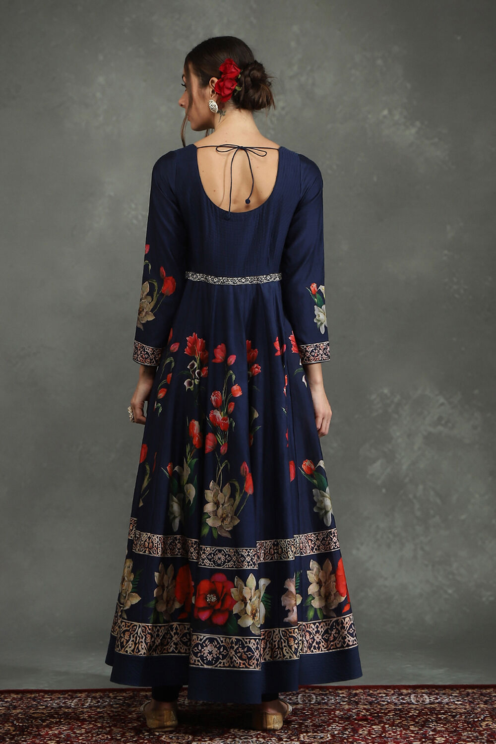 Rohit Bal Navy Blue Silk Chanderi Floral Anarkali Suit Set image number 3