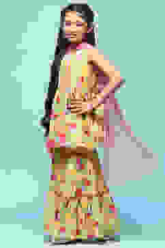 Yellow Cotton Peplum Kurta With Sharara & Net Dupatta image number 4