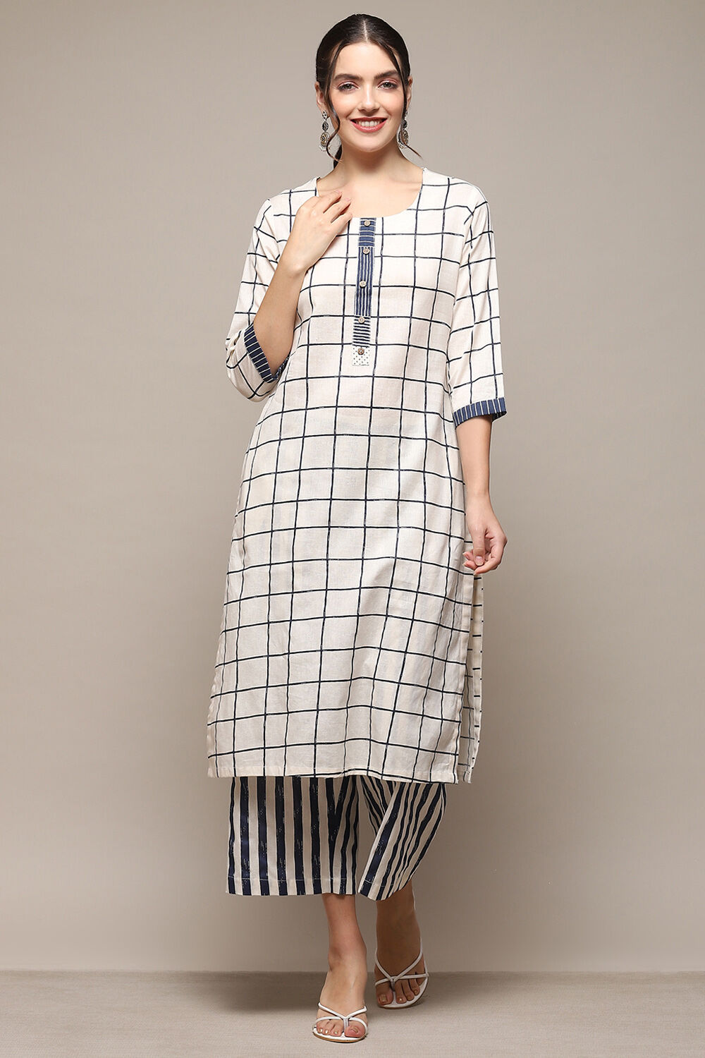 Natural & Blue Cotton Flax Straight Kurta Palazzo Suit Set image number 6