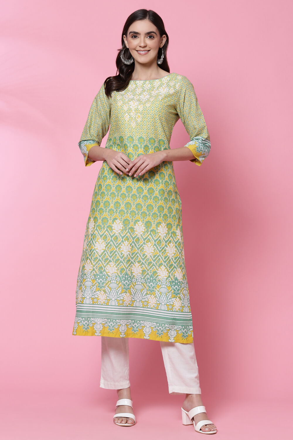 Lime Yellow Cotton Straight Kurta image number 0