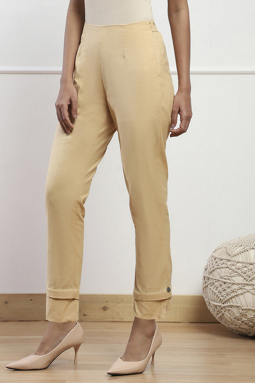 Buy Almond Beige Cotton Flax Regular Pant Online at Biba India