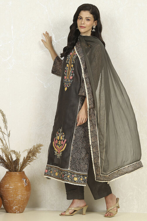 Teal Chanderi Unstitched Suit Set image number 1