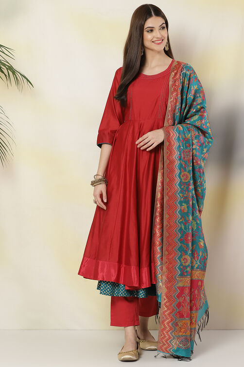 Magenta Cotton Silk Anarkali Kurta Churidar Suit Set image number 4