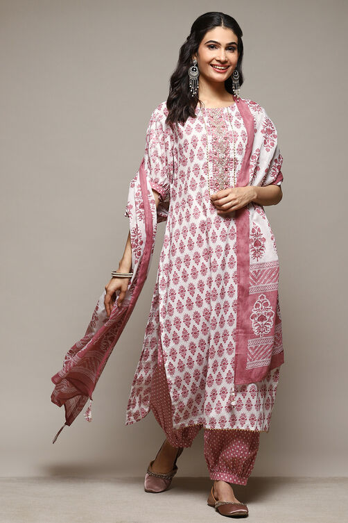 White Cotton Unstitched Suit Set image number 1