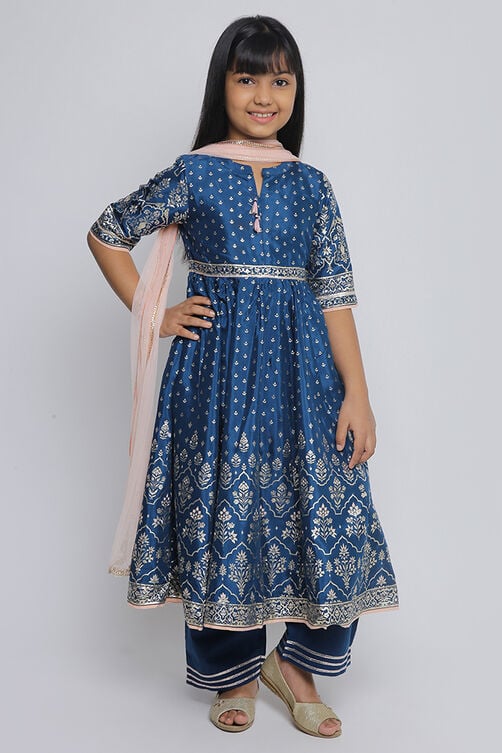 Blue Viscose Anarkali Straight Kurta Palazzo Suit Set image number 0