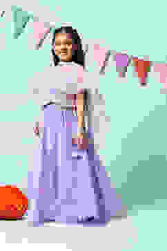 Purple Cotton Blend Short Top Lehenga Set image number 5